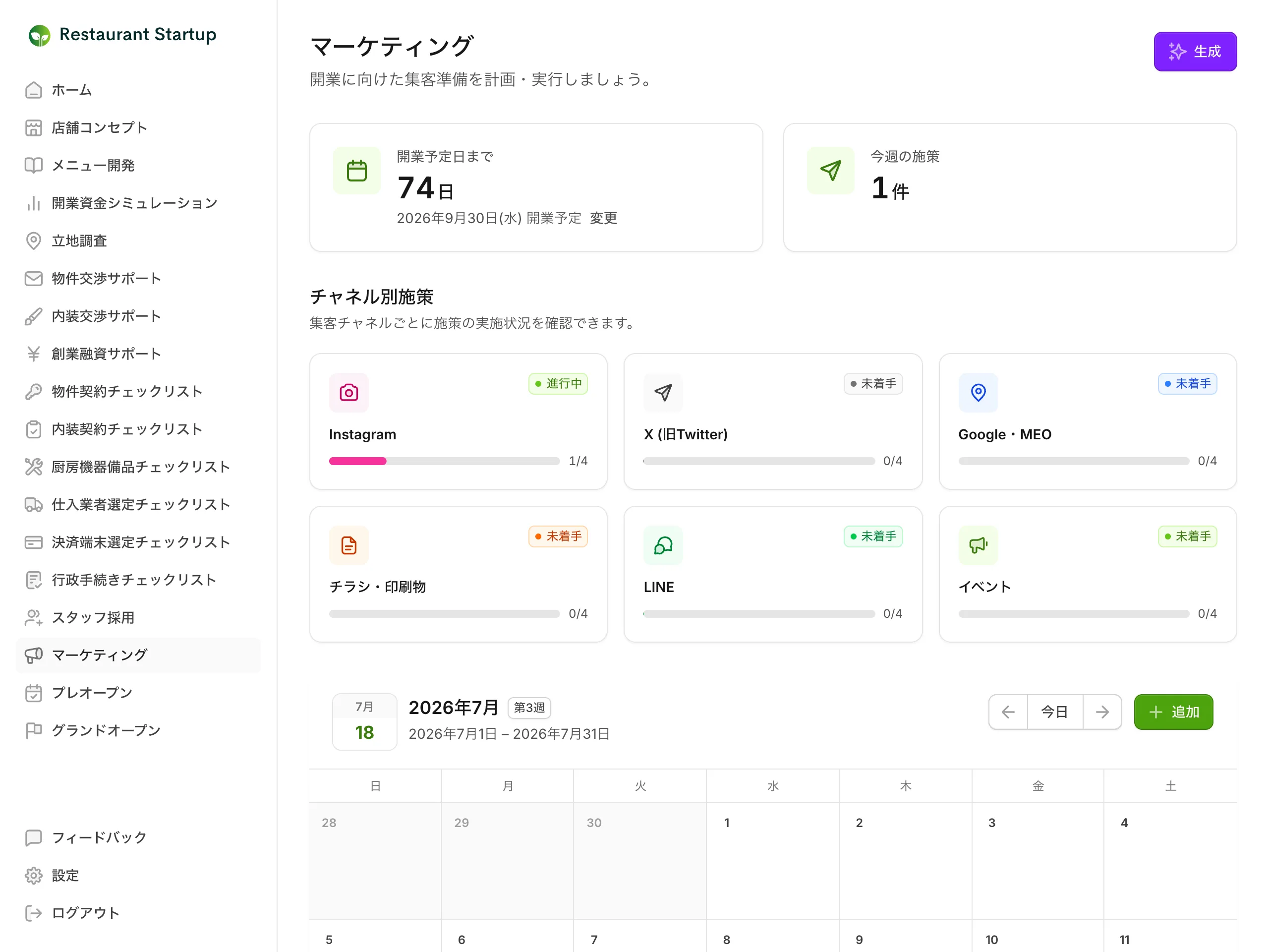 マーケティング画面の上部 — 右上のAI生成ボタンと、開業予定日までの残り日数・今週の施策件数のカード、チャネル別施策のカードが並ぶ画面