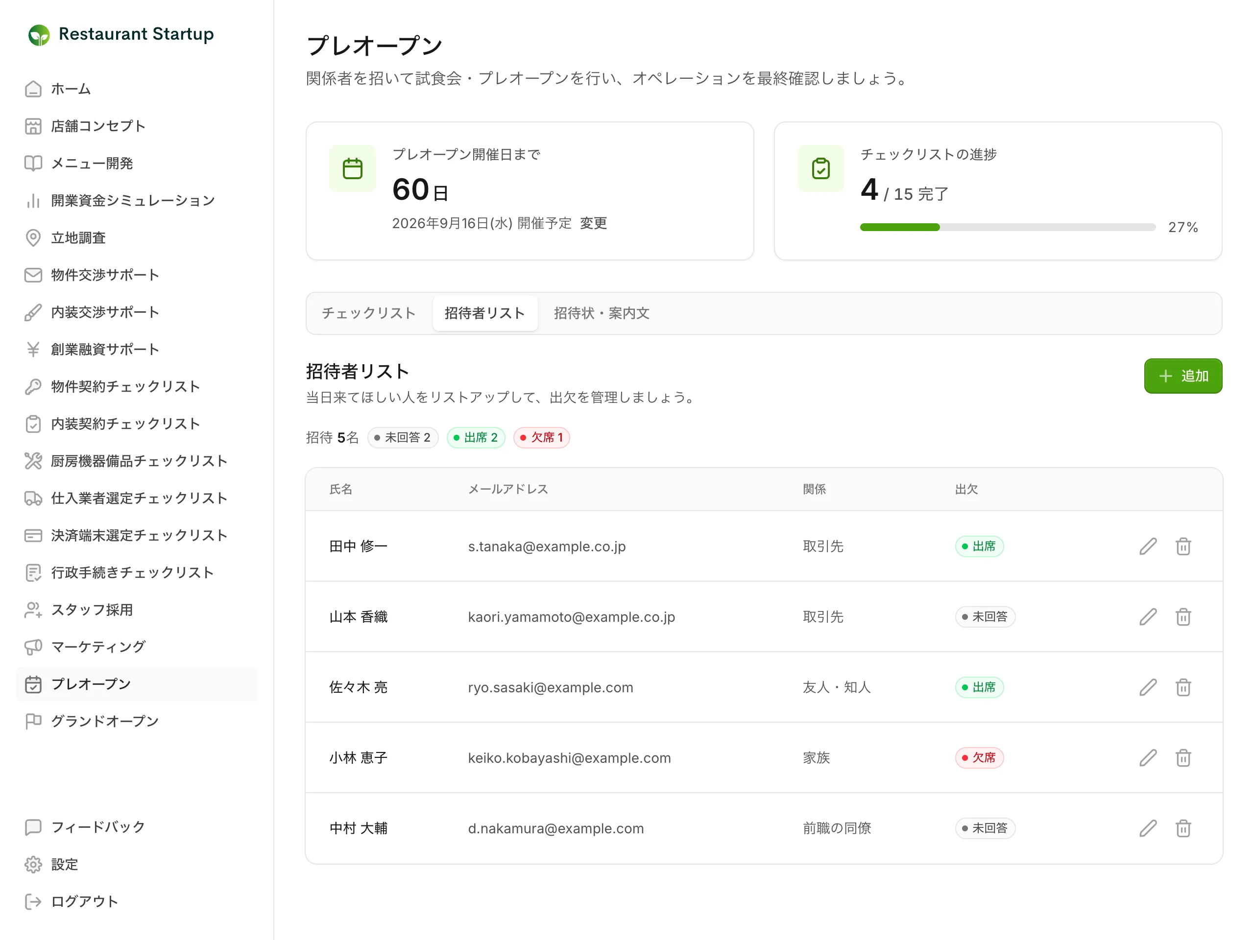 プレオープンの招待者リスト画面 — 招待人数と出席・未回答・欠席の集計バッジ、氏名・メールアドレス・関係・出欠バッジが並ぶ招待者テーブルが表示されている